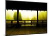 Covered Deck Looking onto Peaceful River and Fog-Jan Lakey-Mounted Photographic Print