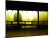 Covered Deck Looking onto Peaceful River and Fog-Jan Lakey-Mounted Photographic Print