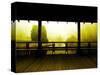 Covered Deck Looking onto Peaceful River and Fog-Jan Lakey-Stretched Canvas