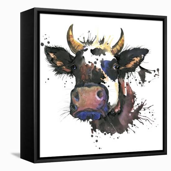 Cow Watercolor Graphics. Cow Animal Illustration with Splash Watercolor Textured Background. Unusua-Faenkova Elena-Framed Stretched Canvas