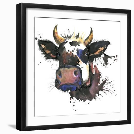 Cow Watercolor Graphics. Cow Animal Illustration with Splash Watercolor Textured Background. Unusua-Faenkova Elena-Framed Art Print