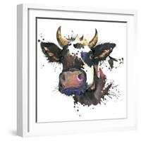 Cow Watercolor Graphics. Cow Animal Illustration with Splash Watercolor Textured Background. Unusua-Faenkova Elena-Framed Art Print