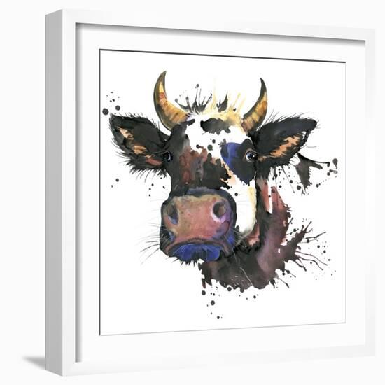 Cow Watercolor Graphics. Cow Animal Illustration with Splash Watercolor Textured Background. Unusua-Faenkova Elena-Framed Art Print