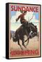 Cowboy and Bronco Scene - Sundance, Wyoming-Lantern Press-Framed Stretched Canvas