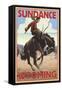 Cowboy and Bronco Scene - Sundance, Wyoming-Lantern Press-Framed Stretched Canvas