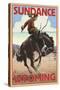 Cowboy and Bronco Scene - Sundance, Wyoming-Lantern Press-Stretched Canvas