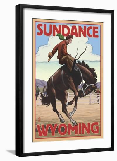 Cowboy and Bronco Scene - Sundance, Wyoming-Lantern Press-Framed Art Print