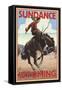Cowboy and Bronco Scene - Sundance, Wyoming-Lantern Press-Framed Stretched Canvas