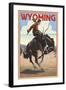 Cowboy and Bronco Scene - Wyoming-Lantern Press-Framed Art Print