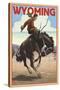 Cowboy and Bronco Scene - Wyoming-Lantern Press-Stretched Canvas