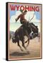 Cowboy and Bronco Scene - Wyoming-Lantern Press-Framed Stretched Canvas
