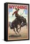 Cowboy and Bronco Scene - Wyoming-Lantern Press-Framed Stretched Canvas