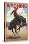 Cowboy and Bronco Scene - Wyoming-Lantern Press-Stretched Canvas