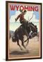 Cowboy and Bronco Scene - Wyoming-Lantern Press-Framed Art Print