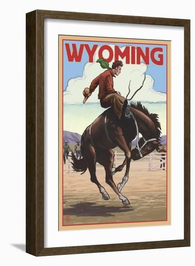 Cowboy and Bronco Scene - Wyoming-Lantern Press-Framed Art Print