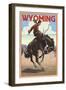 Cowboy and Bronco Scene - Wyoming-Lantern Press-Framed Art Print