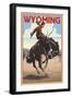 Cowboy and Bronco Scene - Wyoming-Lantern Press-Framed Art Print