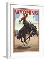 Cowboy and Bronco Scene - Wyoming-Lantern Press-Framed Art Print