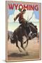 Cowboy and Bronco Scene - Wyoming-Lantern Press-Mounted Art Print