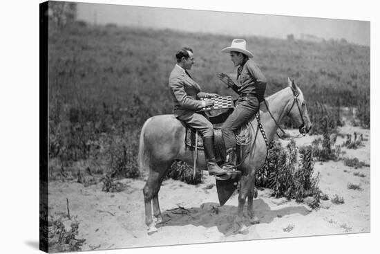Cowboy and Businessman Playing Checkers on Horseback-null-Stretched Canvas