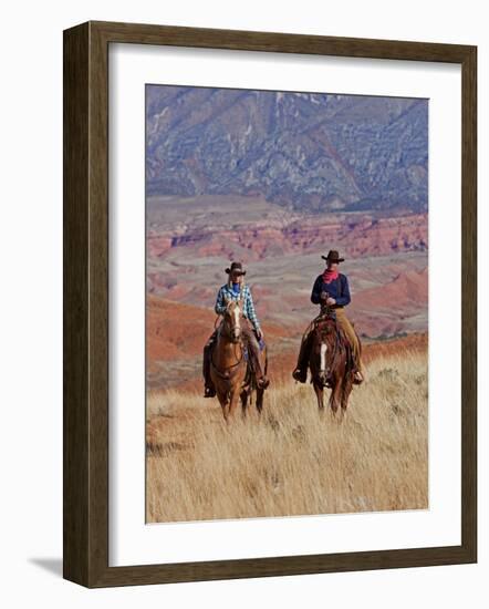 Cowboy and Cowgirl Riding Through Scenic Hills of the Big Horn Mountains, Shell, Wyoming, USA-Joe Restuccia III-Framed Photographic Print