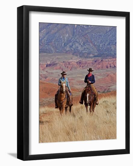 Cowboy and Cowgirl Riding Through Scenic Hills of the Big Horn Mountains, Shell, Wyoming, USA-Joe Restuccia III-Framed Photographic Print