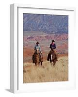 Cowboy and Cowgirl Riding Through Scenic Hills of the Big Horn Mountains, Shell, Wyoming, USA-Joe Restuccia III-Framed Photographic Print