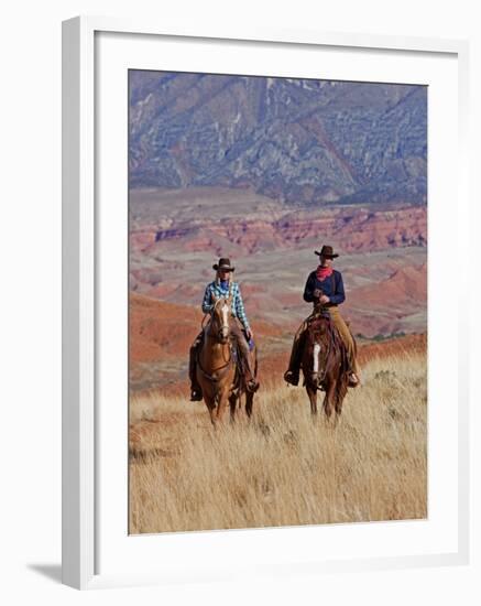 Cowboy and Cowgirl Riding Through Scenic Hills of the Big Horn Mountains, Shell, Wyoming, USA-Joe Restuccia III-Framed Photographic Print