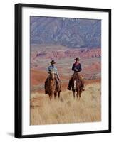 Cowboy and Cowgirl Riding Through Scenic Hills of the Big Horn Mountains, Shell, Wyoming, USA-Joe Restuccia III-Framed Photographic Print