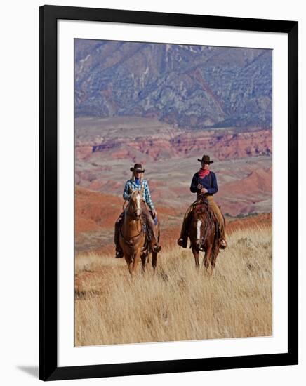 Cowboy and Cowgirl Riding Through Scenic Hills of the Big Horn Mountains, Shell, Wyoming, USA-Joe Restuccia III-Framed Photographic Print
