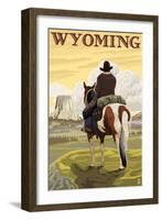 Cowboy and Devil's Tower - Wyoming-Lantern Press-Framed Art Print