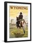 Cowboy and Devil's Tower - Wyoming-Lantern Press-Framed Art Print