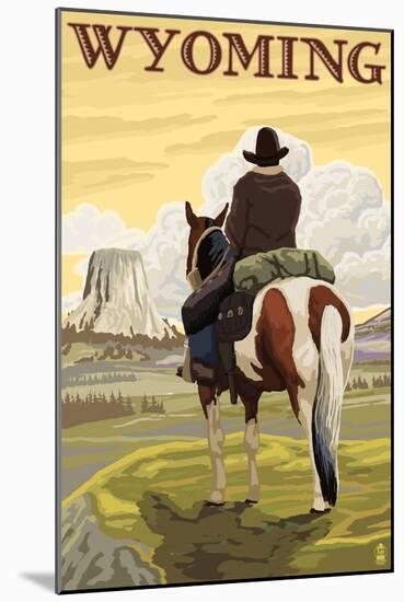 Cowboy and Devil's Tower - Wyoming-Lantern Press-Mounted Art Print