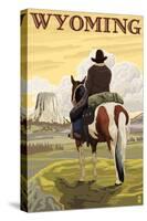 Cowboy and Devil's Tower - Wyoming-Lantern Press-Stretched Canvas