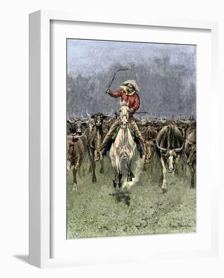 Cowboy and His Horse Caught in a Cattle Stampede, c.1800-null-Framed Giclee Print