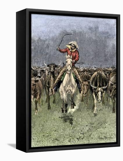 Cowboy and His Horse Caught in a Cattle Stampede, c.1800-null-Framed Stretched Canvas