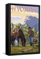 Cowboy and Horse in Spring - Wyoming-Lantern Press-Framed Stretched Canvas