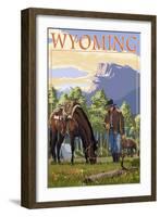 Cowboy and Horse in Spring - Wyoming-Lantern Press-Framed Art Print