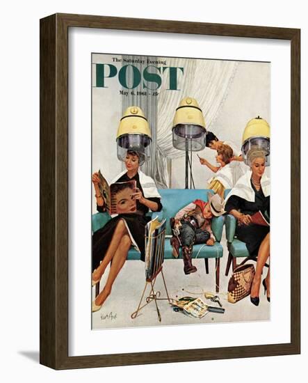 "Cowboy Asleep in Beauty Salon," Saturday Evening Post Cover, May 6, 1961-Kurt Ard-Framed Premium Giclee Print