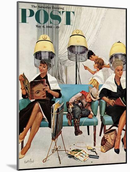 "Cowboy Asleep in Beauty Salon," Saturday Evening Post Cover, May 6, 1961-Kurt Ard-Mounted Premium Giclee Print