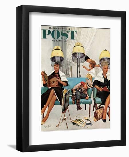 "Cowboy Asleep in Beauty Salon," Saturday Evening Post Cover, May 6, 1961-Kurt Ard-Framed Giclee Print