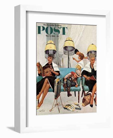 "Cowboy Asleep in Beauty Salon," Saturday Evening Post Cover, May 6, 1961-Kurt Ard-Framed Giclee Print