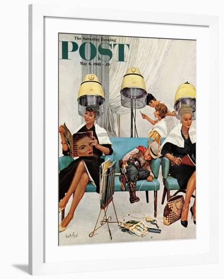 "Cowboy Asleep in Beauty Salon," Saturday Evening Post Cover, May 6, 1961-Kurt Ard-Framed Giclee Print