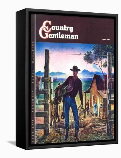 "Cowboy at End of the Day," Country Gentleman Cover, June 1, 1947-Peter Hurd-Framed Stretched Canvas
