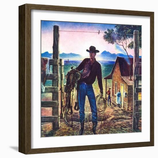 "Cowboy at End of the Day,"June 1, 1947-Peter Hurd-Framed Giclee Print