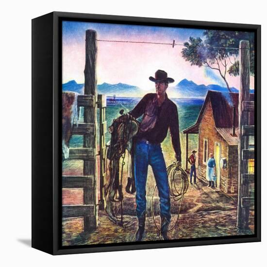 "Cowboy at End of the Day,"June 1, 1947-Peter Hurd-Framed Stretched Canvas