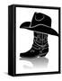 Cowboy Boot And Western Hat.Black Graphic Image On White-GeraKTV-Framed Stretched Canvas