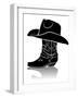 Cowboy Boot And Western Hat.Black Graphic Image On White-GeraKTV-Framed Art Print