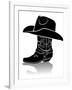 Cowboy Boot And Western Hat.Black Graphic Image On White-GeraKTV-Framed Art Print