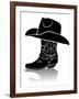 Cowboy Boot And Western Hat.Black Graphic Image On White-GeraKTV-Framed Art Print